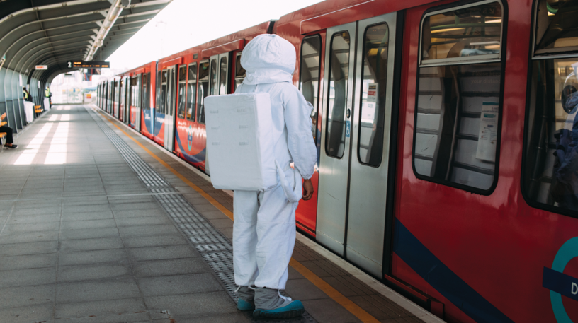 Freelancer in astronaut costume waits for subway doors to open